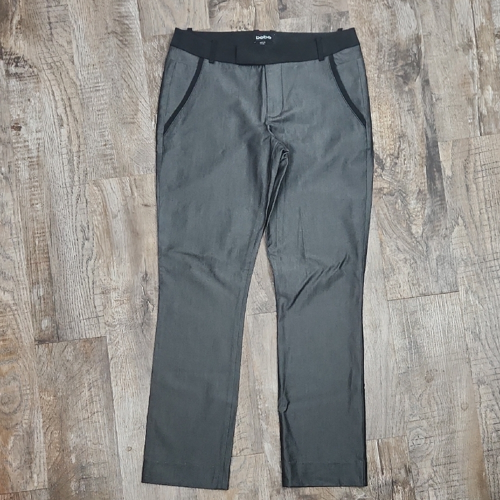 Bebe pants trousers charcoal grey black lined waistband zip front  6